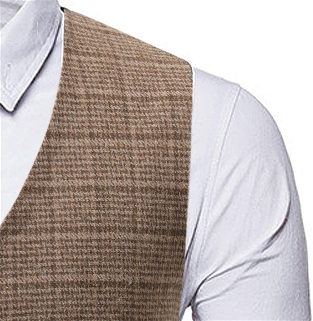 Men's Vintage Plaid Dress Vest Slim V-neck Suit Formal Business