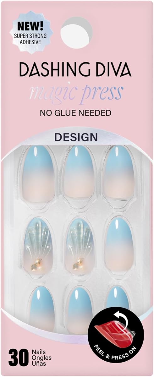 Dashing Diva Magic Press Nail Set - Shell We Kiss - Long Round Press On Nails - Long Lasting Gel - Lasts Up to 10 Days - Summer Gel Set - 4-Piece Manicure Kit with 30 Nails