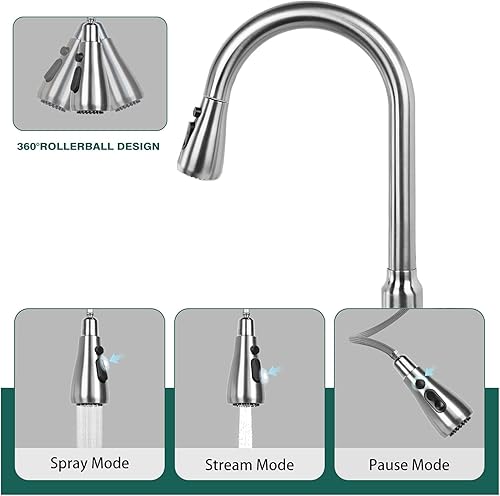 Miniatura 8 de MAKEIN Grifos de cocina con rociador extraíble, grifo de fregadero de cocina de arco alto de una sola manija, níquel cepillado, grifo de fregadero