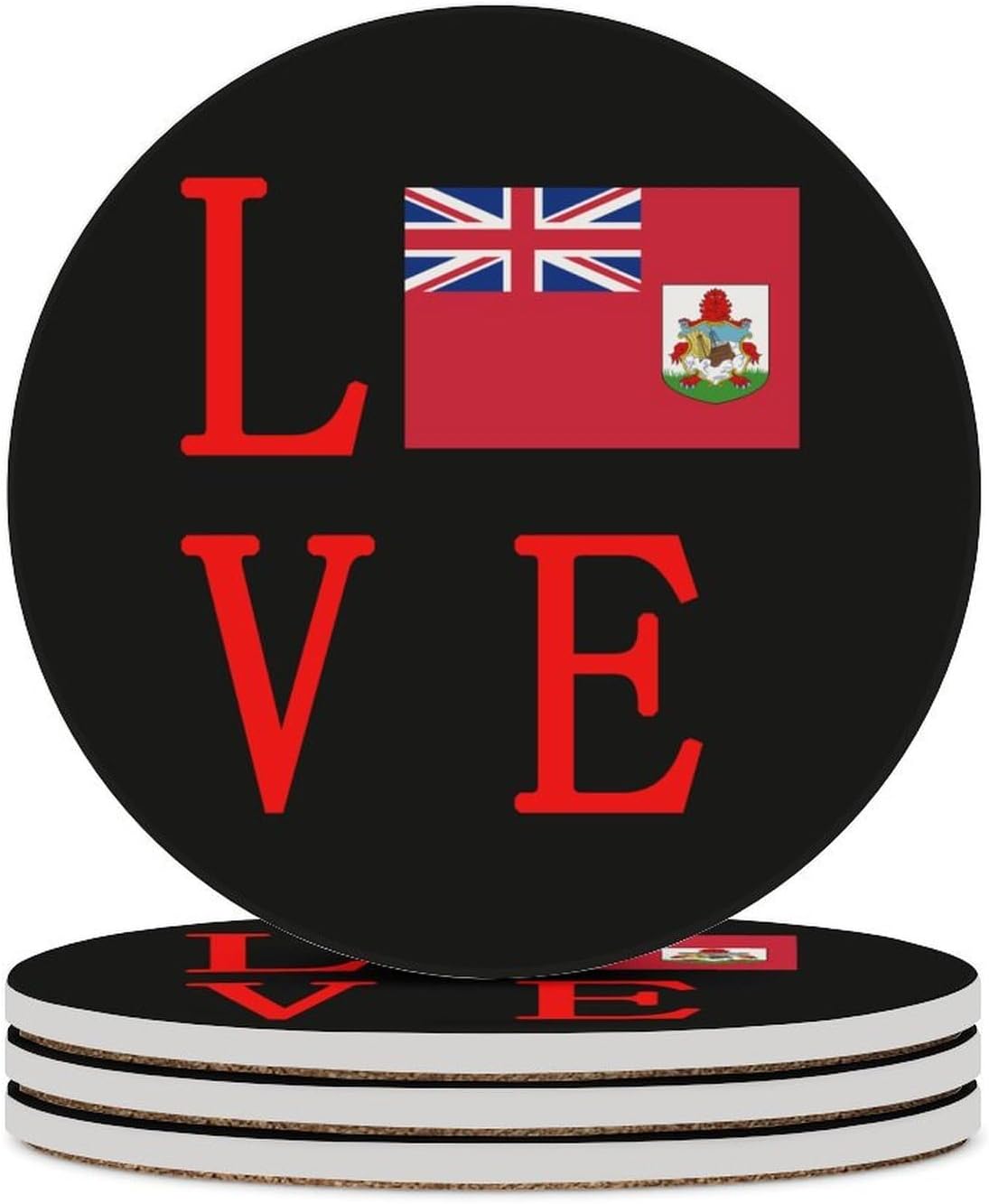 Love Bermuda Flag Funny Round Ceramic Coasters for Drink Absorbent Cup Holders Tabletop Protection