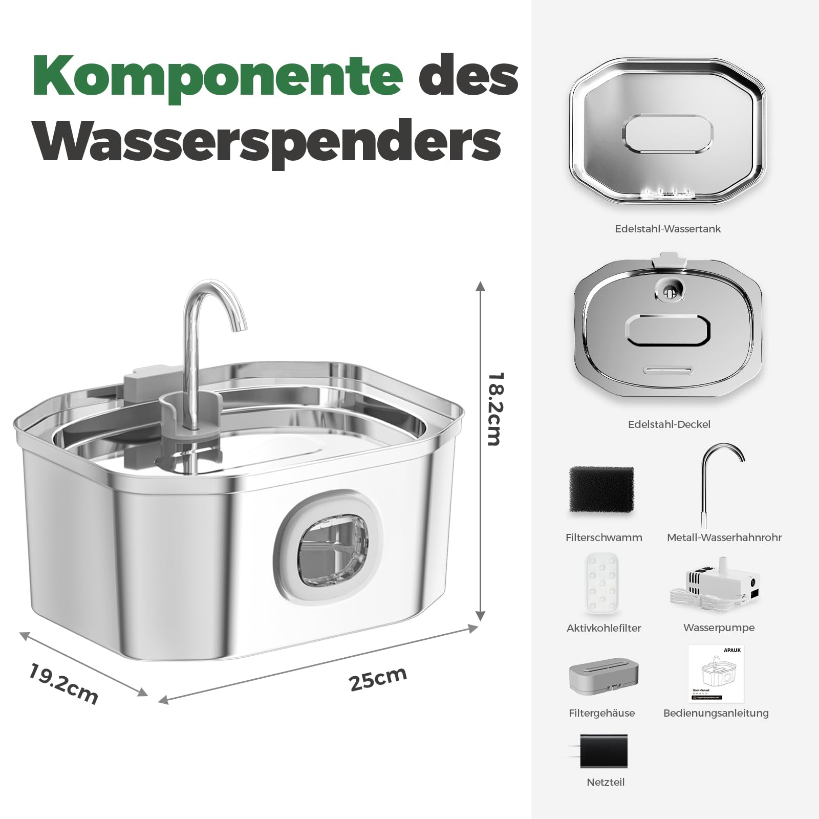Apauk Katzenbrunnen, Trinkbrunnen für Katze, Trinkbrunnen Edelstahl, Ultraleiser Trinkbrunnen für Katze und kleine Hunde,mit LED-Fenster, S -3.2L Große Kapazität (A-2 Filter & 2 Schwämme)