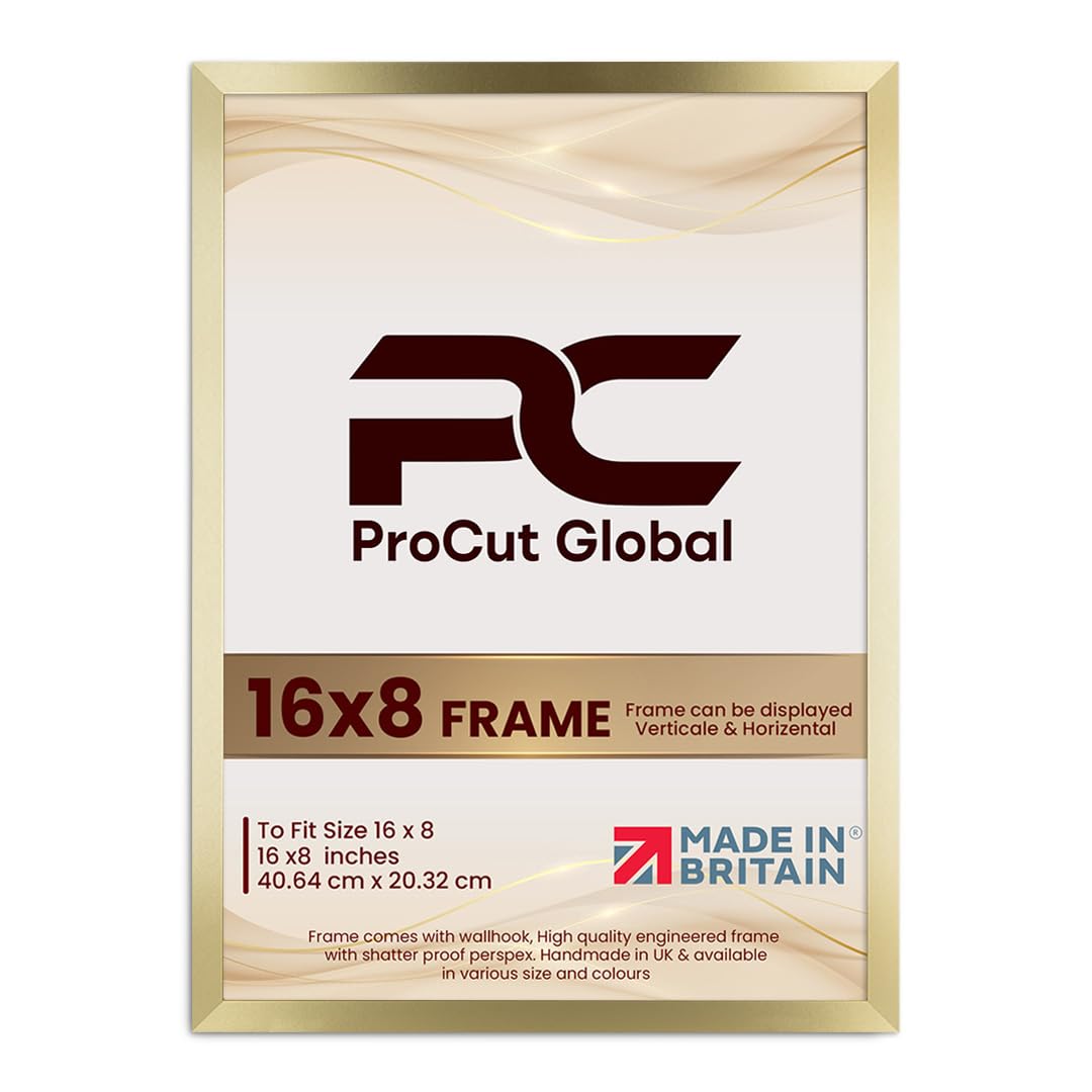 Procut Global 16X8 Gold Picture Frames - Modern Wooden Photo Frame with Shatterproof Perspex for Wall or Tabletop - Perfect for Posters, Certificates, Prints - Sizes & Colors Available — image 1