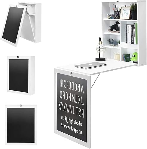 Miniatura 1 de GRAFFY - Escritorio plegable para montar en la pared, escritorio flotante con pizarra, mesa multifunción para montar en la pared con estantes de