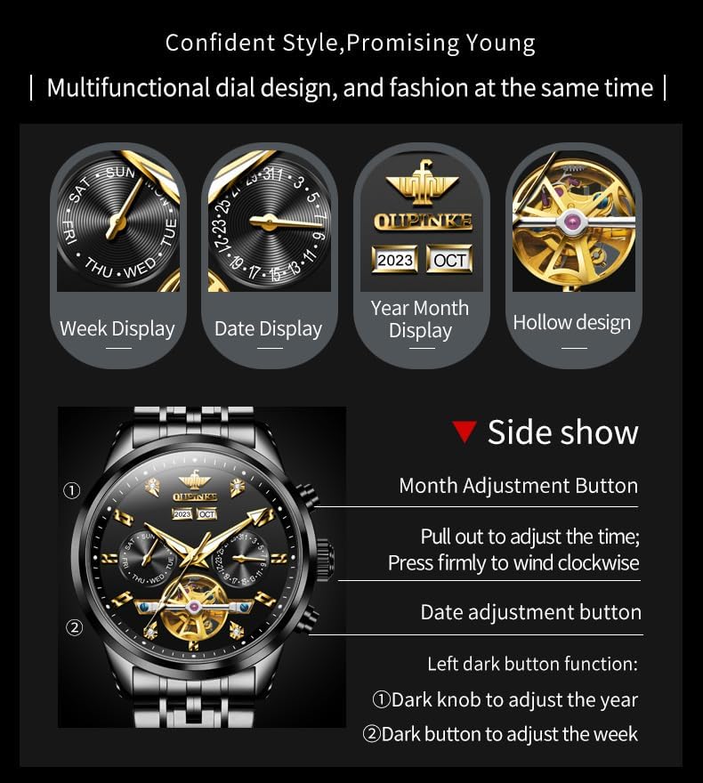 Miniatura 6 de OUPINKE Relojes Automáticos para Hombres Mecánicos Esqueleto Reloj de Vestir de Lujo para Hombre Acero de Tungsteno Resistente al Agua Luminoso