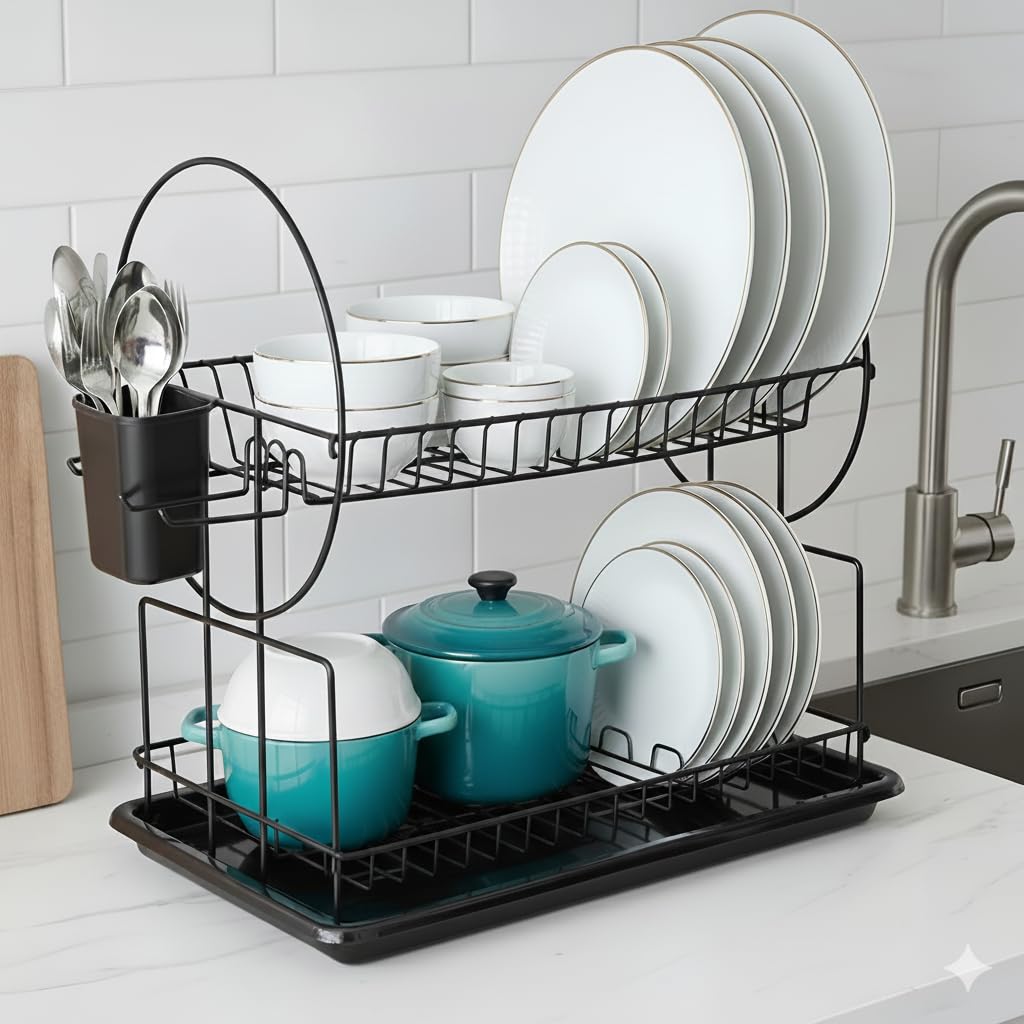 Aex Black 2 Tier Dish Drainer Rack | Rustproof Dish Drying Rack For Kitchen Countertop - Draining Board Rack With Drip Tray - Cutlery Drainer With Glass Holder & Chopping Board Rack