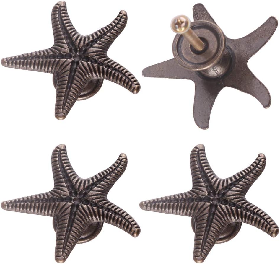 4 Pieces Novelty Starfish Shape Door Knobs Drawer Cabinet Cupboard Single Hole Pull Handles Bronze Color