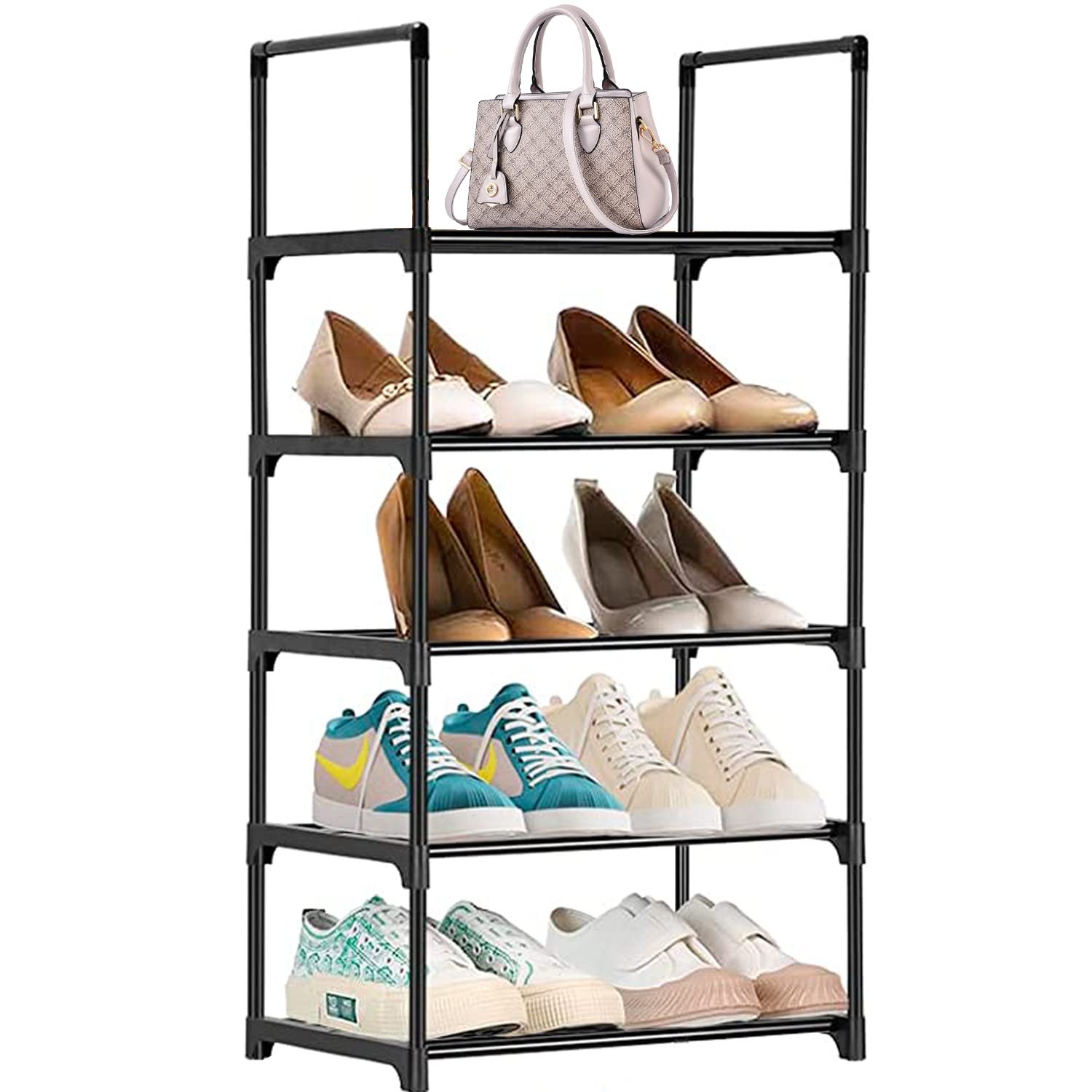 sakruda5 Tier Shoe Rack,Metal Shoe Storage with Handle,Sturdy Shoe Rack Organiser for 10 Pairs Shoes,Easy to Assemble,Multi-Functional Shelf for Wardrobe,Kitchen,Hallway,Entryway,Books,(Black)
