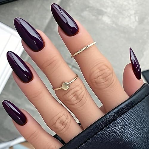 Miniatura 9 de GLAMERMAID - Uñas postizas a presión medianas con punta francesa degradada, color almendra, color negro gótico, degradado, 24 unidades, uñas