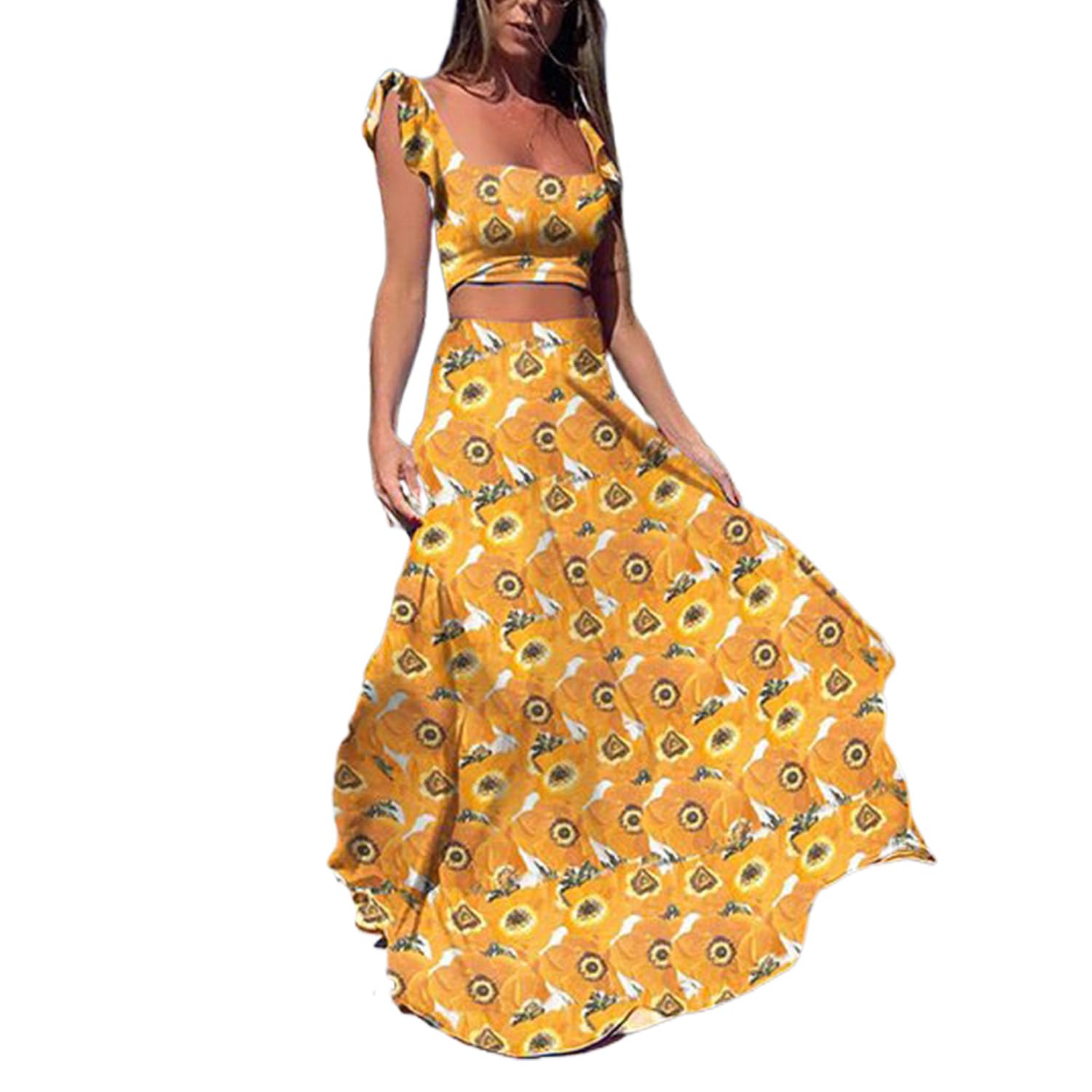 Abiti Casual da Donna, Abito Estivo da Donna, Abito Lungo con Volant, Elegante Abito Estivo con Colletto Quadrato, Abito da Spiaggia, Abito Floreale,Giallo,M