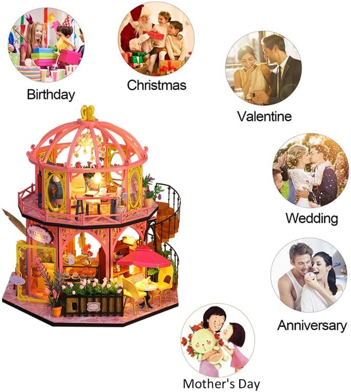 Miniatura 8 de Casa de muñecas en miniatura hecha a mano de madera, kit de bricolaje, modelos de arquitectura con luz LED, a prueba de polvo y obras de arte