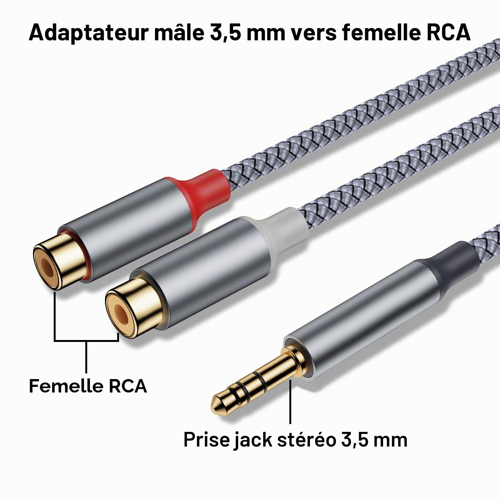 Câble audio RCA vers prise jack stéréo 3,5 mm, connecteur 3,5 mm vers 2 x prises RCA, compatible avec smartphones, lecteurs MP3, tablettes, haut-parleurs, systèmes de cinéma maison, appareils