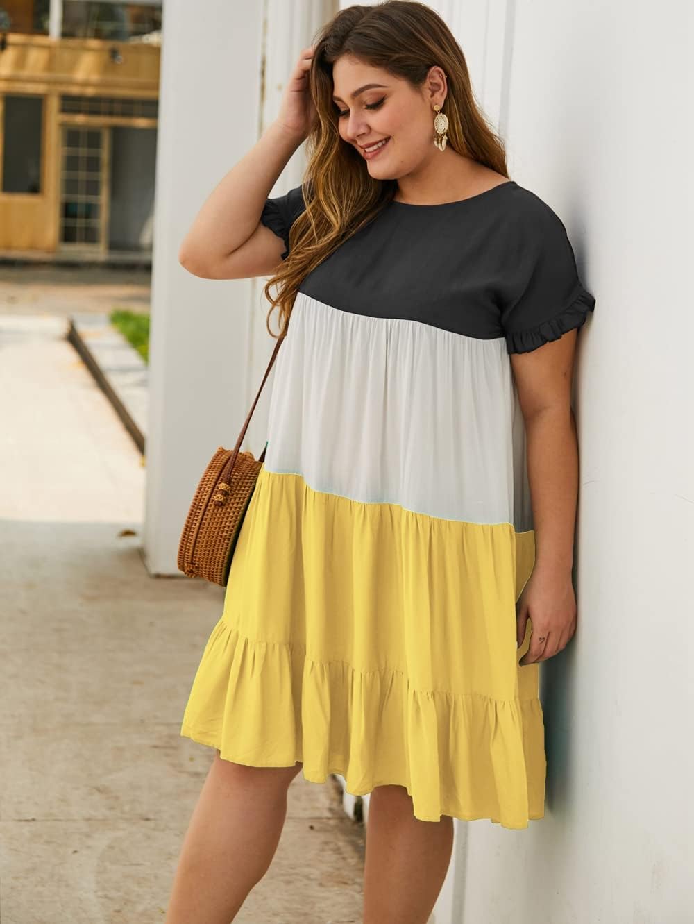 YOXUA Womens Plus Size Dress - Ruffle Short Sleeve Crewneck Color Block Loose Summer Beach Swing Dresses XL-4XL - Image 5