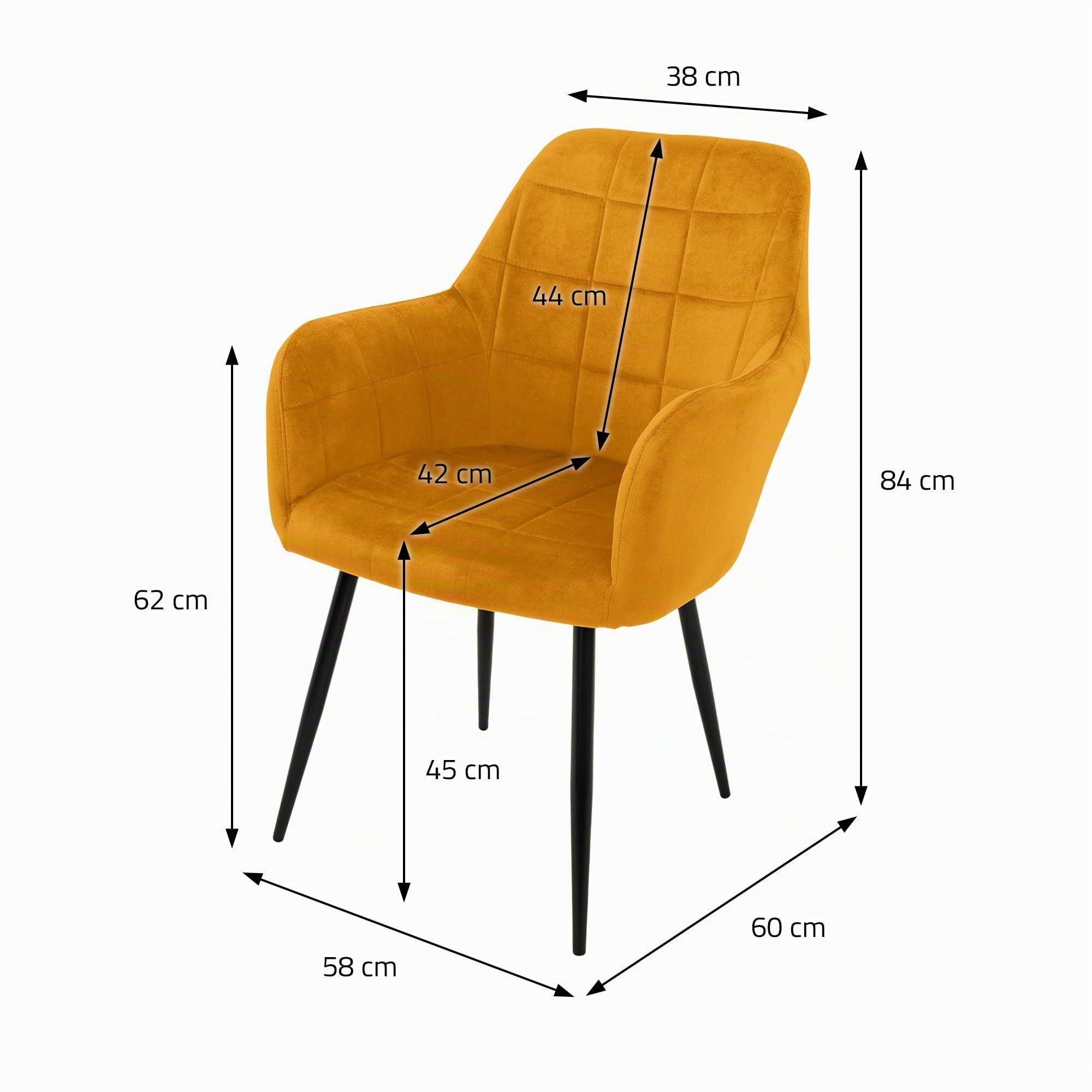 ECD Germany Set di 2 Sedie Sala da Pranzo con Schienale e Braccioli Ocra Giallo Senape Poltrone Soggiorno Cucina con Rivestimento in Velluto e Gambe in Metallo Poltroncine da Salotto Confortevoli
