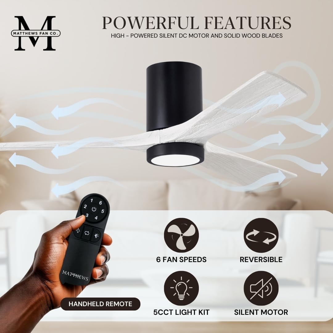Matthews IR3HLK-BK-WA-52 Irene Damp Rated Flush Mount 52" Ceiling Fan with Light and Remote & Wall Control, Silent DC Motor, 3 Solid Wood Blades, Matte Black with Walnut Tone