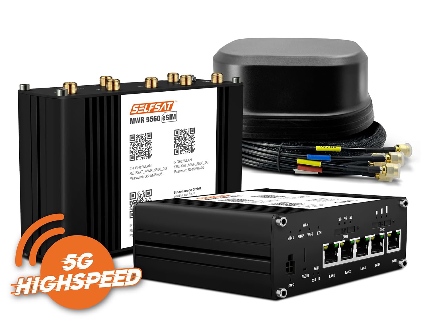 SELFSAT MWR 5560 eSIM 5G Cat 19 WLAN Router bis 3,4 Gbps inkl. SATCO 5G Antenne schwarz