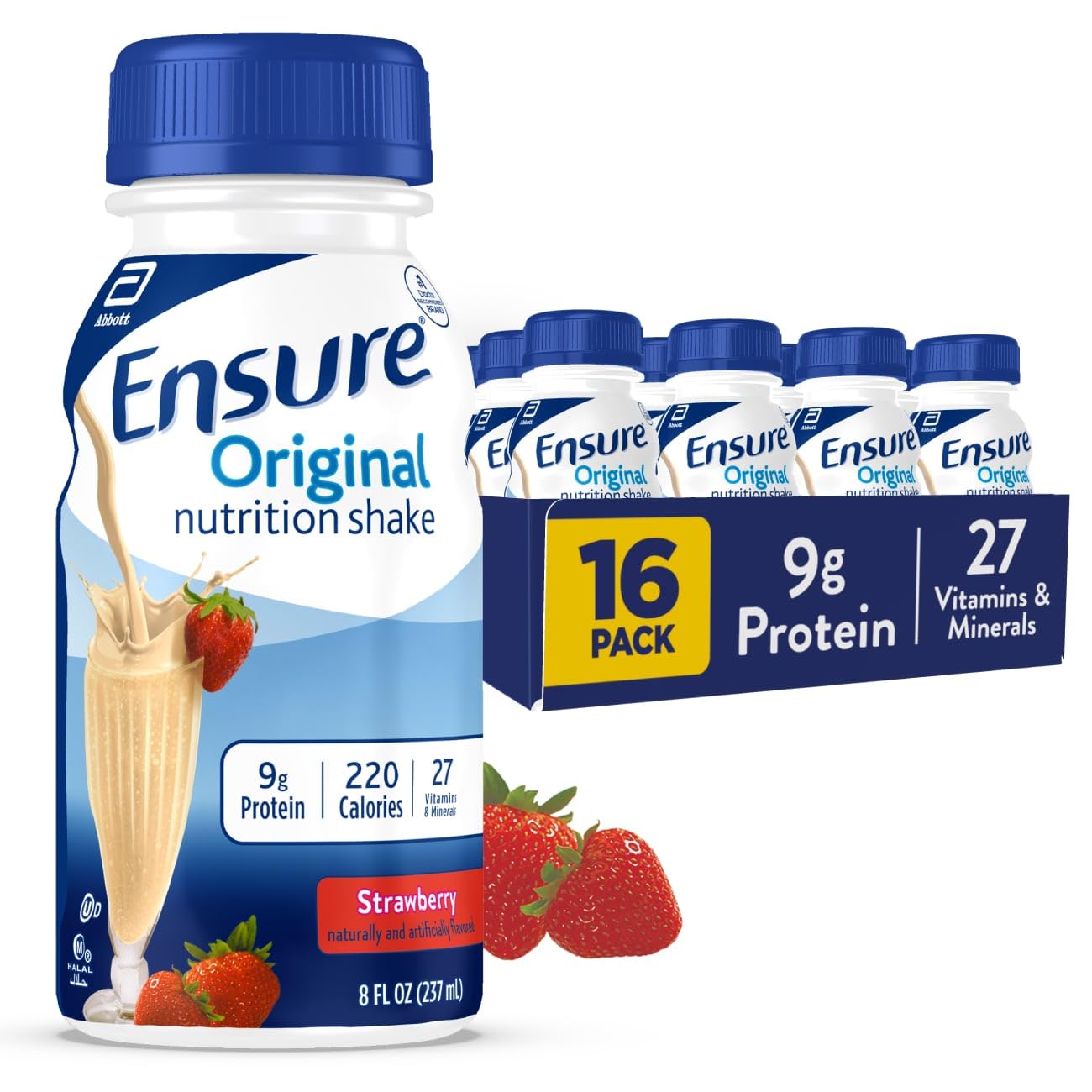 Ensure Original Strawberry Nutrition Shake | Small Meal Replacement Shake | Ready To Drink | 9g Protein, 27 Vitamins and Minerals | 8 fl oz - 16 Pack