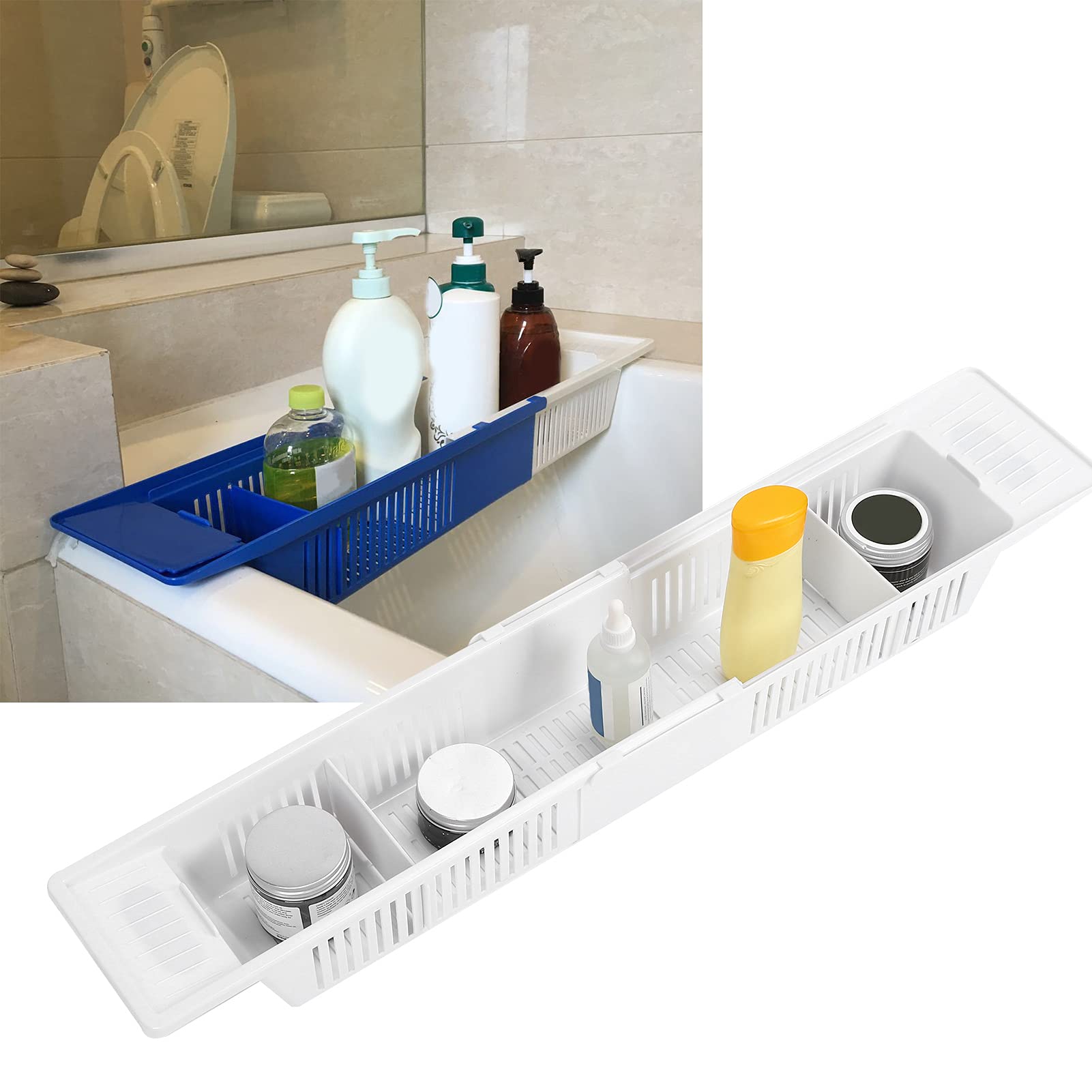 Plateau De Baignoire Rétractable, étagère De Bain Réglable Plateau De Rangement en Plastique Simple Organisateur De Jouets De Bain Panier De Rangement pour Shampooing Gel Douche