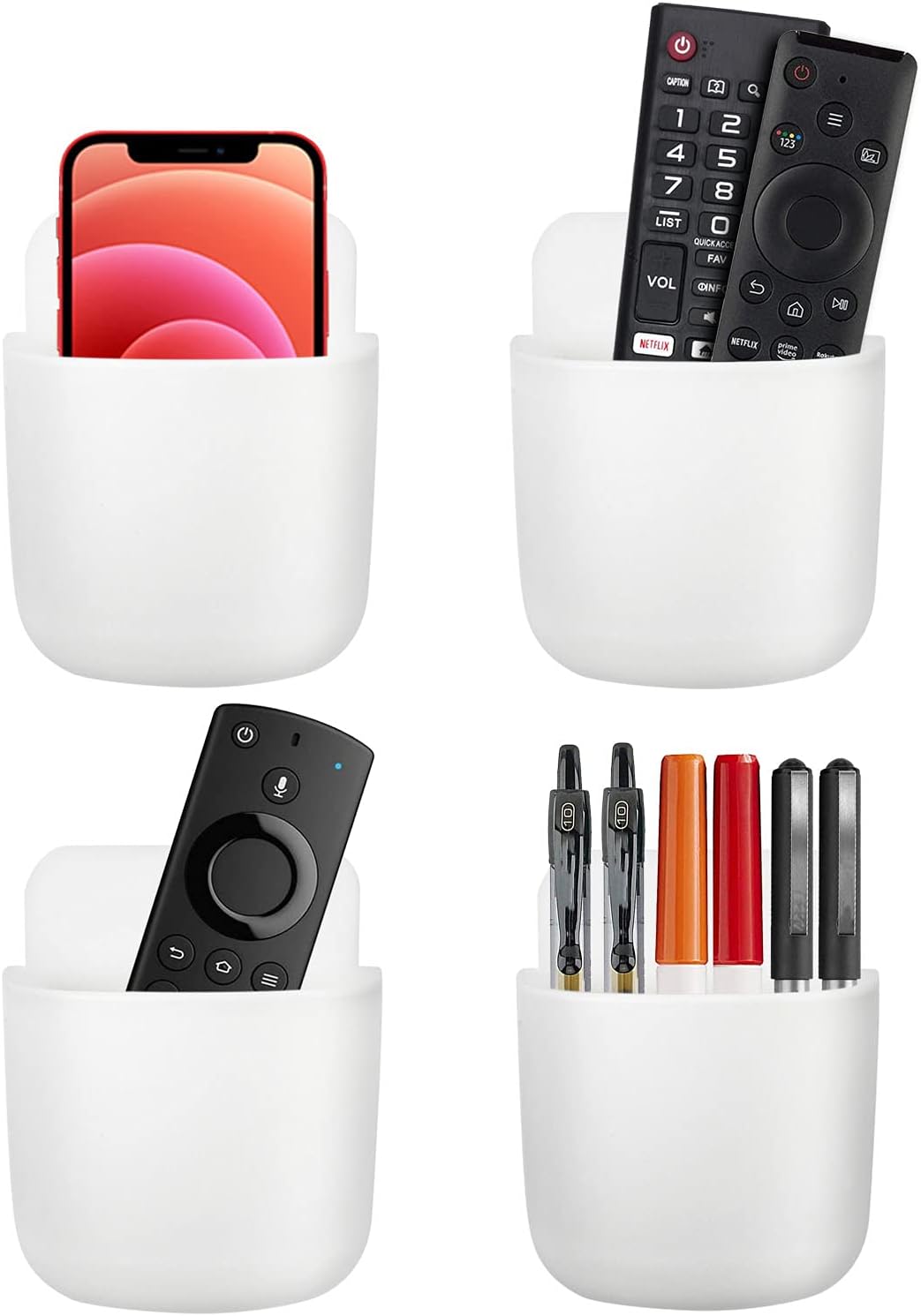 4 Pack 2021 Upgrades Wall Mount Remote Control / Pen Holder / Cell Phone Holder, Tablet Charging Station with Adhesive, Bedside Shelf, White : Office Products