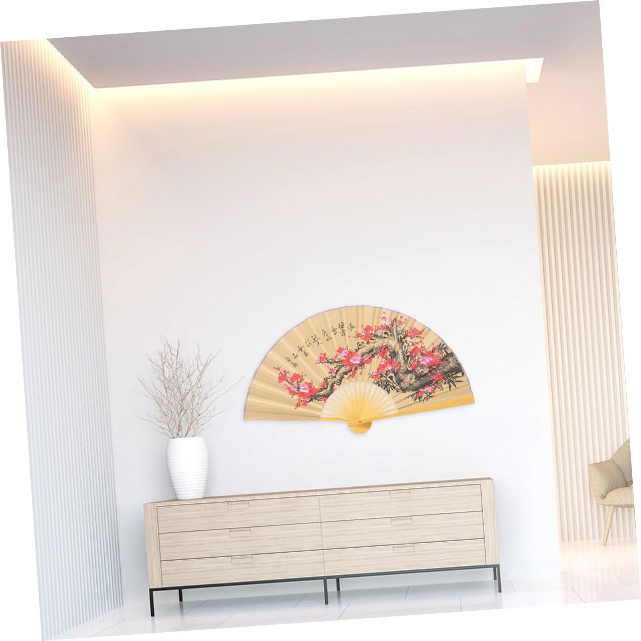 2 Stück Großer Papierfächer im Chinesischen Stil mit Blumenmuster Traditionelle Wanddekoration aus Papier und Holz für Feierlichkeiten und Hochzeitsatmosphäre