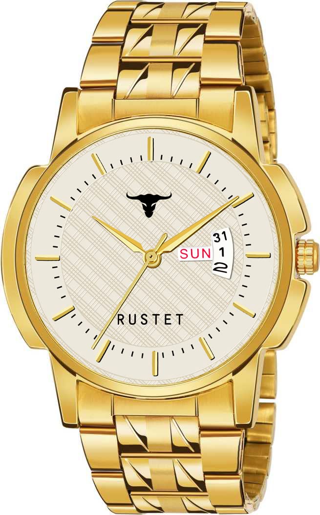 RUSTET Analogue Waterproof Mens Day and Date Stainless Steel Watch (Gold Round Dial Gold Strap,LS3890) (White) (B0B61F4B8S) Amazon Price History, Amazon Price Tracker
