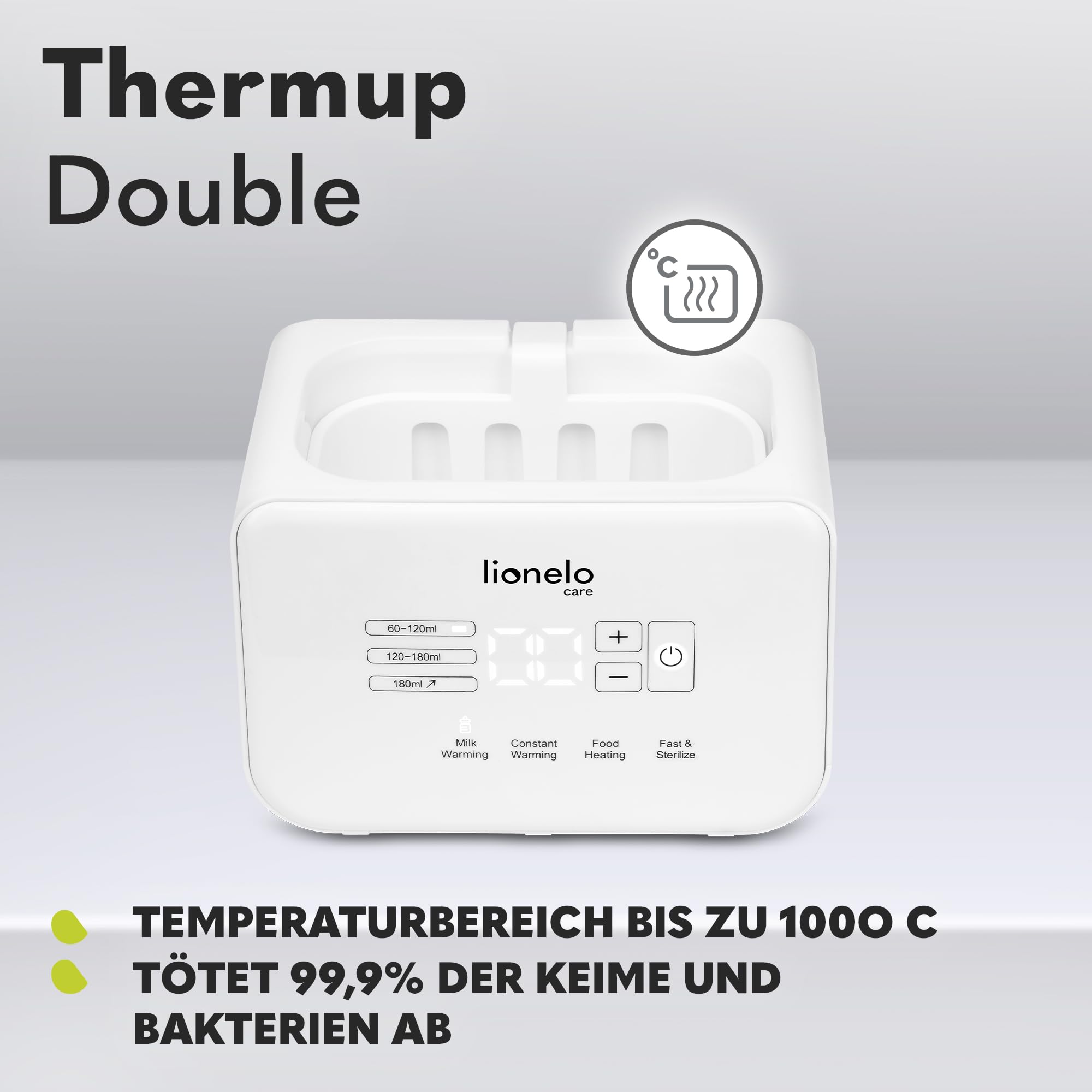 LIONELO THERMUP Doppel-Flaschenwärmer, 2 Flaschen gleichzeitig, erhitzen Erhitzen der Milch in 3-5 Minuten, 6 Arbeitsmodi, Funktion Sterilisator und Defrost, Ruhige Arbeit, Sicher zu benutzen