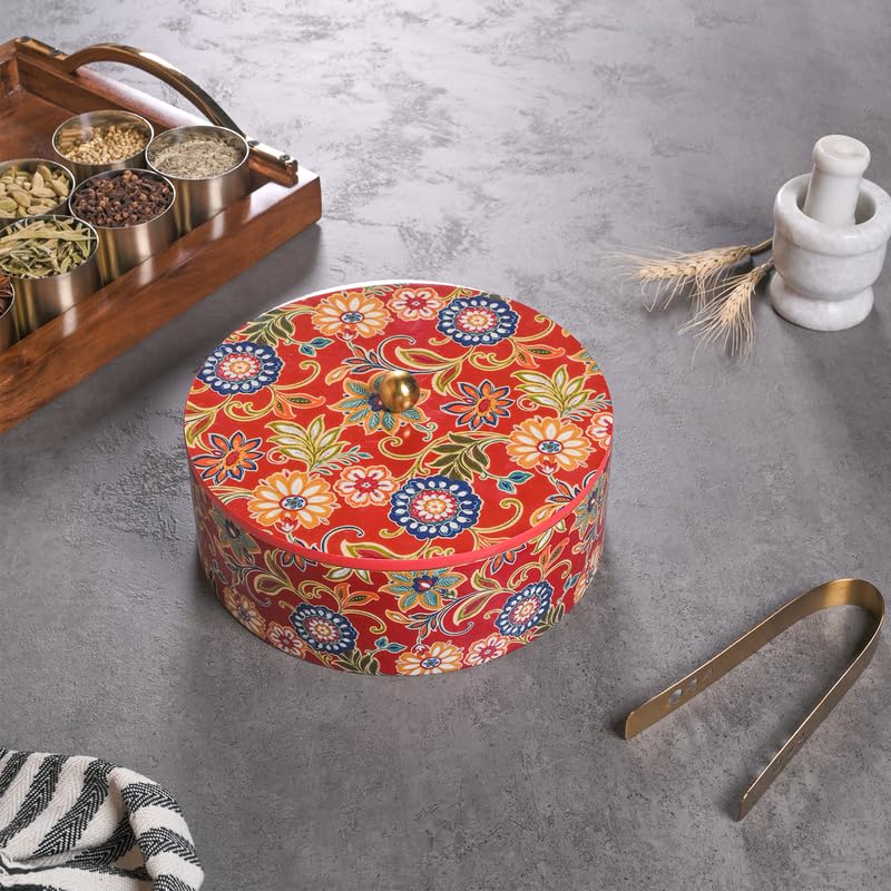 Image of Wooden Chapati Box for Kitchen - Casserole for Roti with Stainless Steel Brass Lid | Wooden Chapati Box with 1 Tong | Traditional Kitchen Organizer - Red (Printed)
