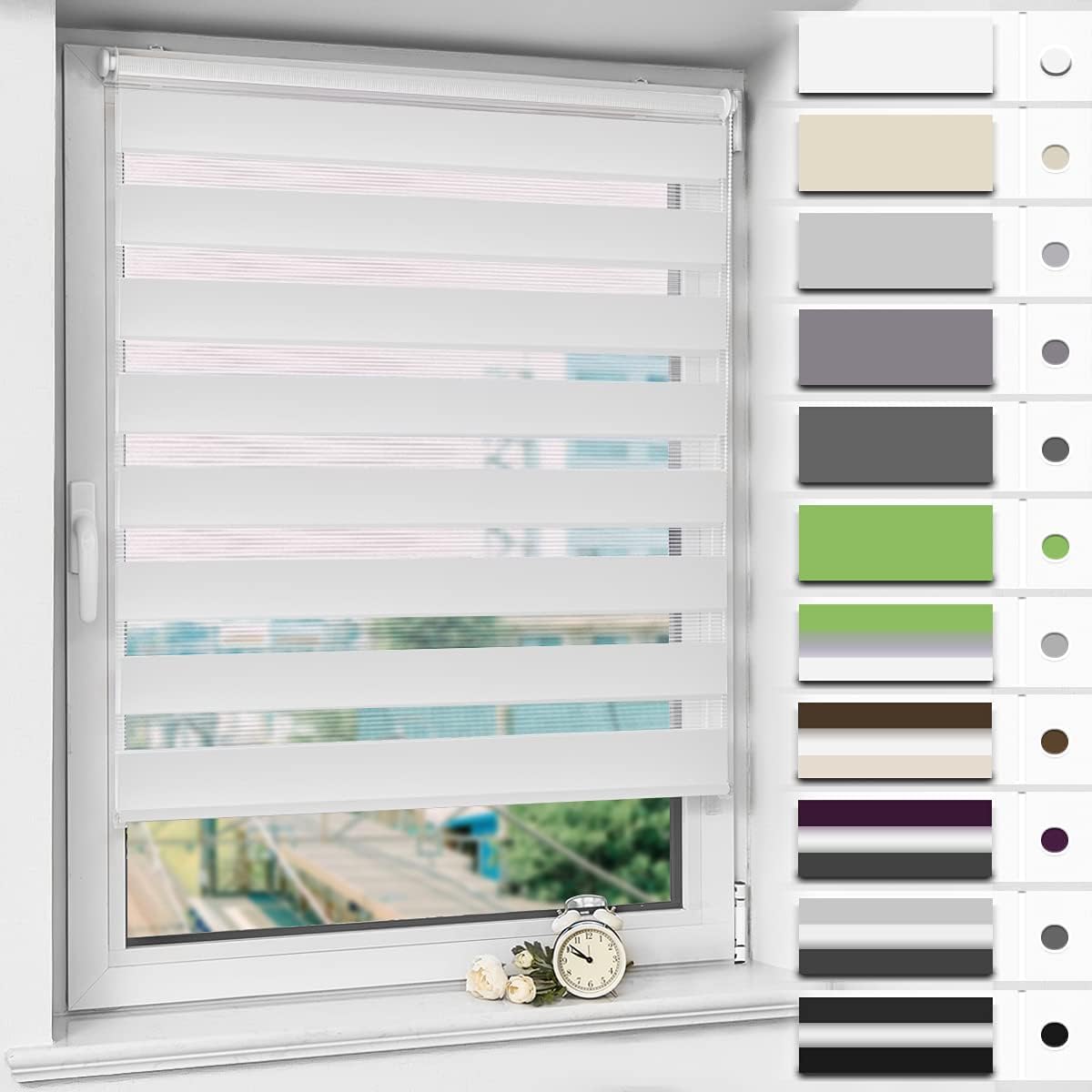 Magiea Store Enrouleur sans Perçage Jour Nuit, Double Tissu, Facile à Installer pour Fenêtre ou Porte, Protection Solaire Vie Privée, Blanc, 45l x 150L cm(Largeur du Tissu 45 cm) - 1