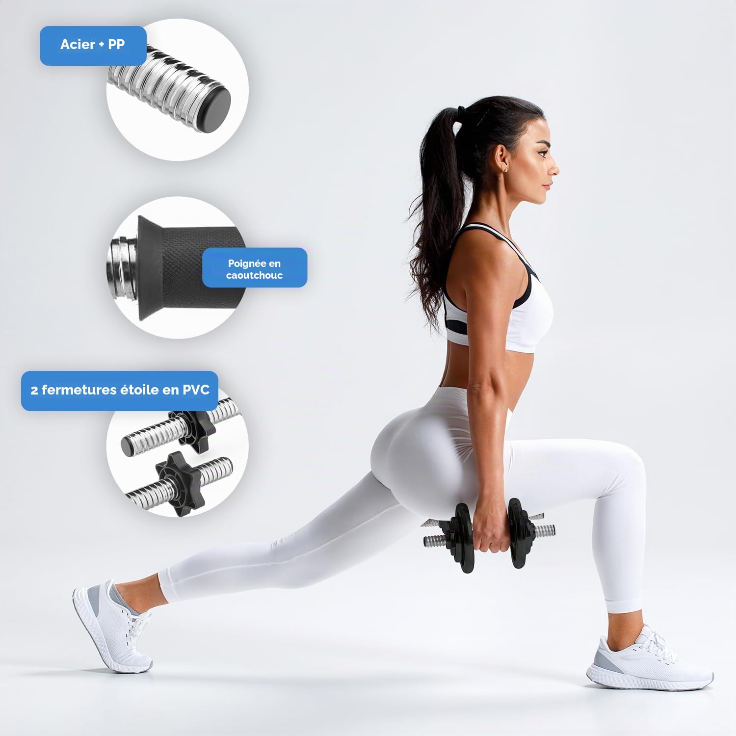 Gymtek Barre d'Haltères Courte - Longueur 35-45 cm, Ø 24 mm (+/-2 mm), 2 Fermetures en Étoile, Poignée Moletée pour Disques et Dumbbells - Noir ou Argent