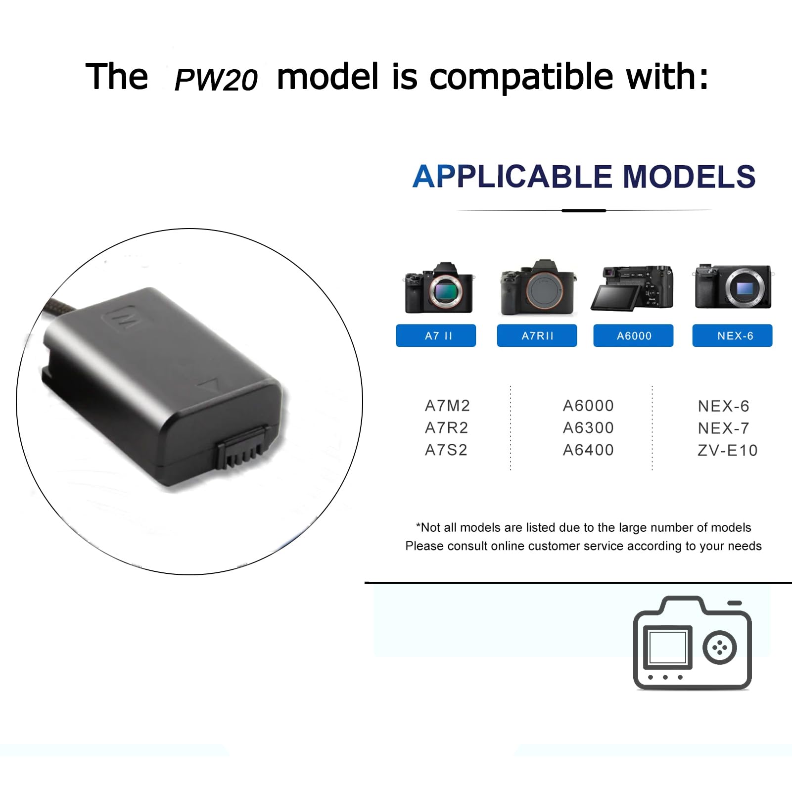 Cable de alimentación trenzado PD USB-C a NP-FW50 batería simulada AC-PW20 DC Acoplamiento para Sony Alpha A5100 A6500 A6400 A6000 A55 A7