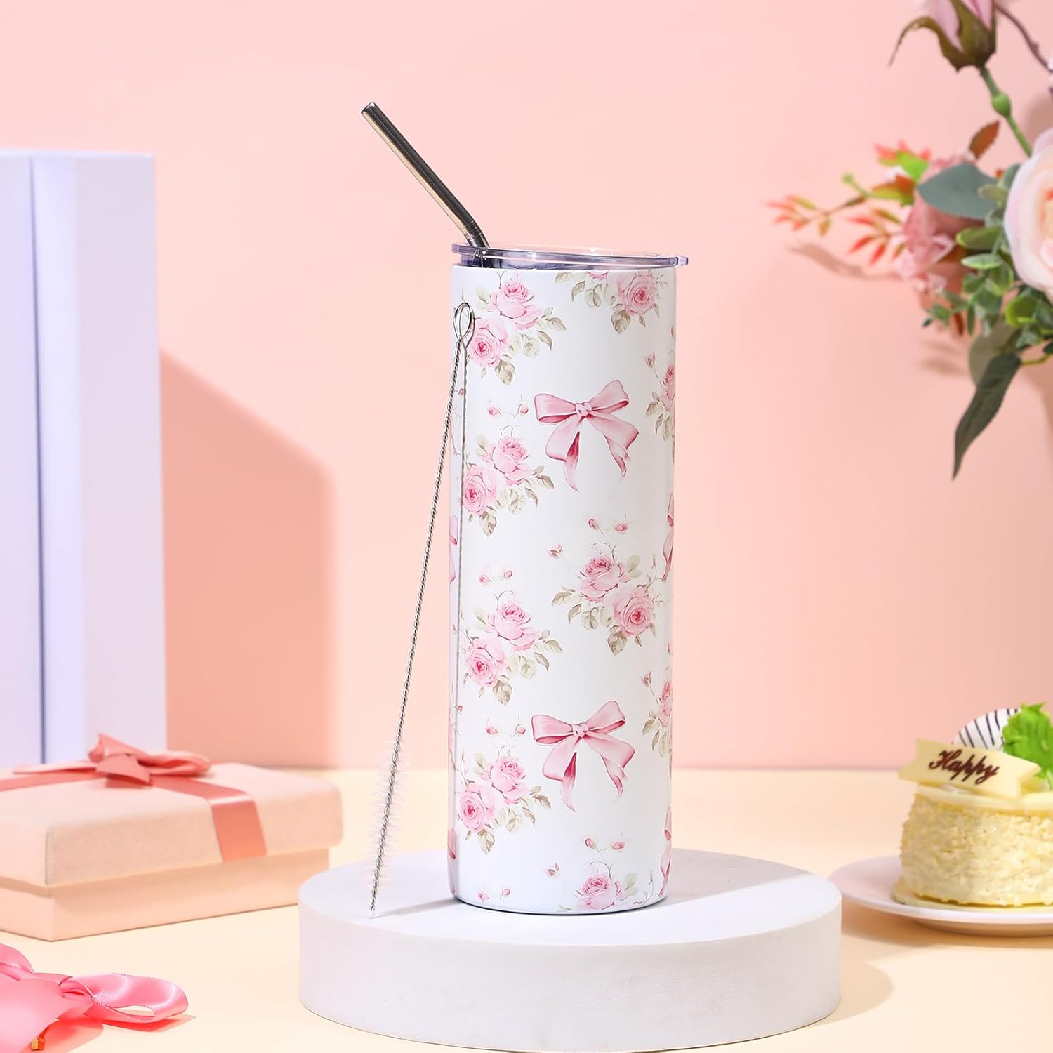 Geiserailie Coquette Pink Bow Tumbler 20oz Vintage Bow Floral Stainless Steel Coffee Cup with Lids and Straws Back to School Gifts Aesthetic Flower Tumbler for Women Friend Birthday Party - Image 5