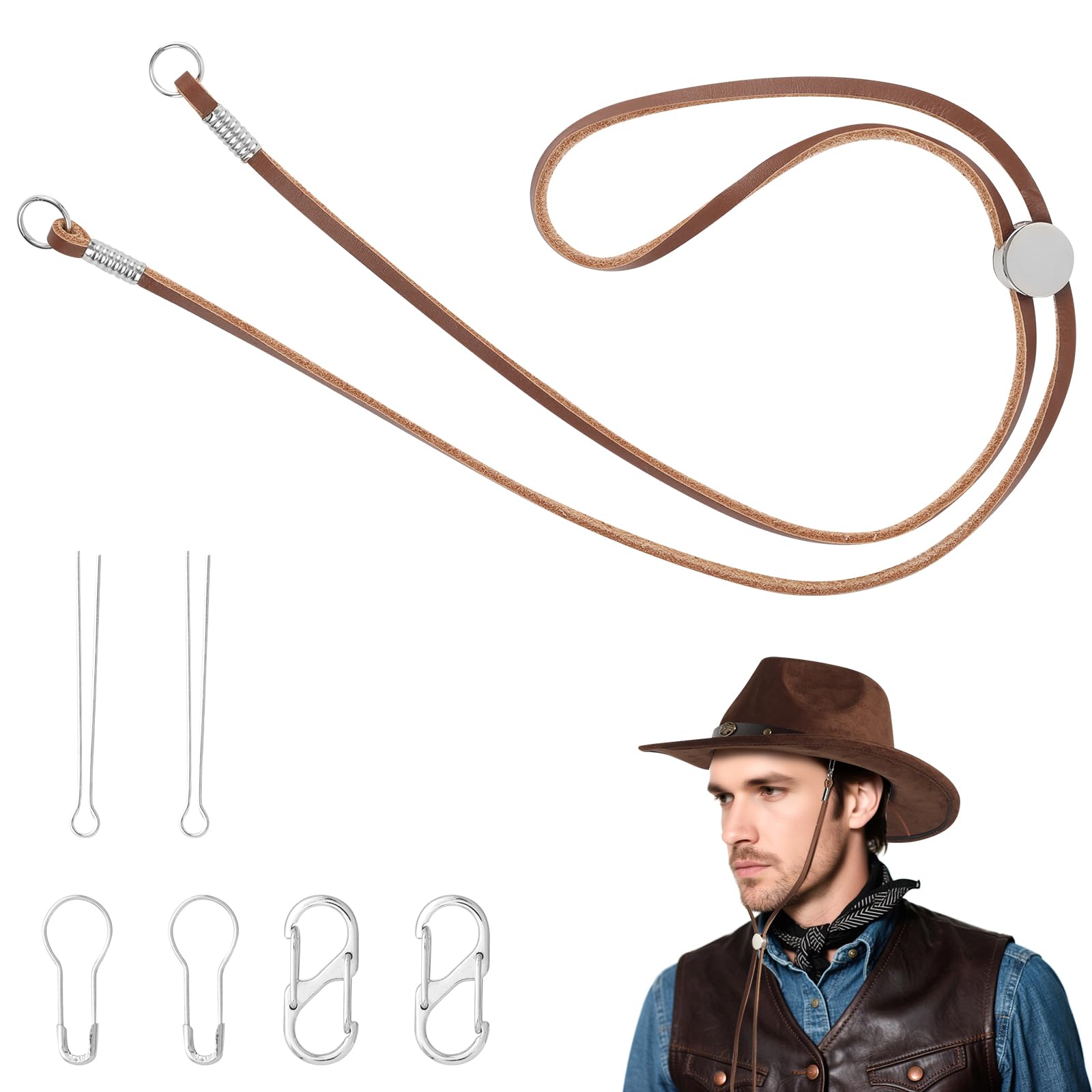 Sottogola in vera pelle, regolabile, con clip in metallo, antivento, per cappelli da cowboy, equitazione, escursionismo, attività all'aperto