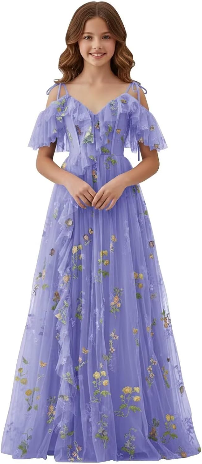 Bedlover Flower Embroidery Tulle Junior Bridesmaid Dresses Long Slit Spaghetti Straps Fairy Formal Gowns