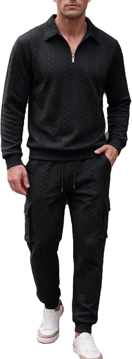 Men's Pullover Sweat Set 2 Piece Long Sleeve Polo Shirt Jogger Sweatpants