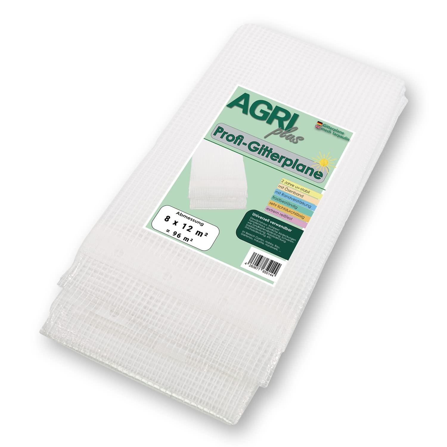 Bâche grillagée professionnelle - 8 x 12 m - 220 g/m² - Film grillagé pour serre - Film de jardin résistant aux UV - 2 ans - Blanc transparent