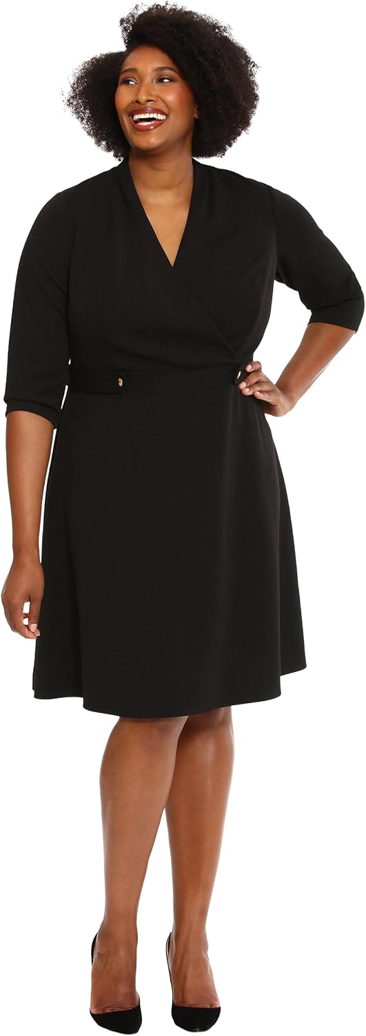 London Times Women's London Times Women's Dresses Crepe Fit and Flare Midi with Waist Button Detail