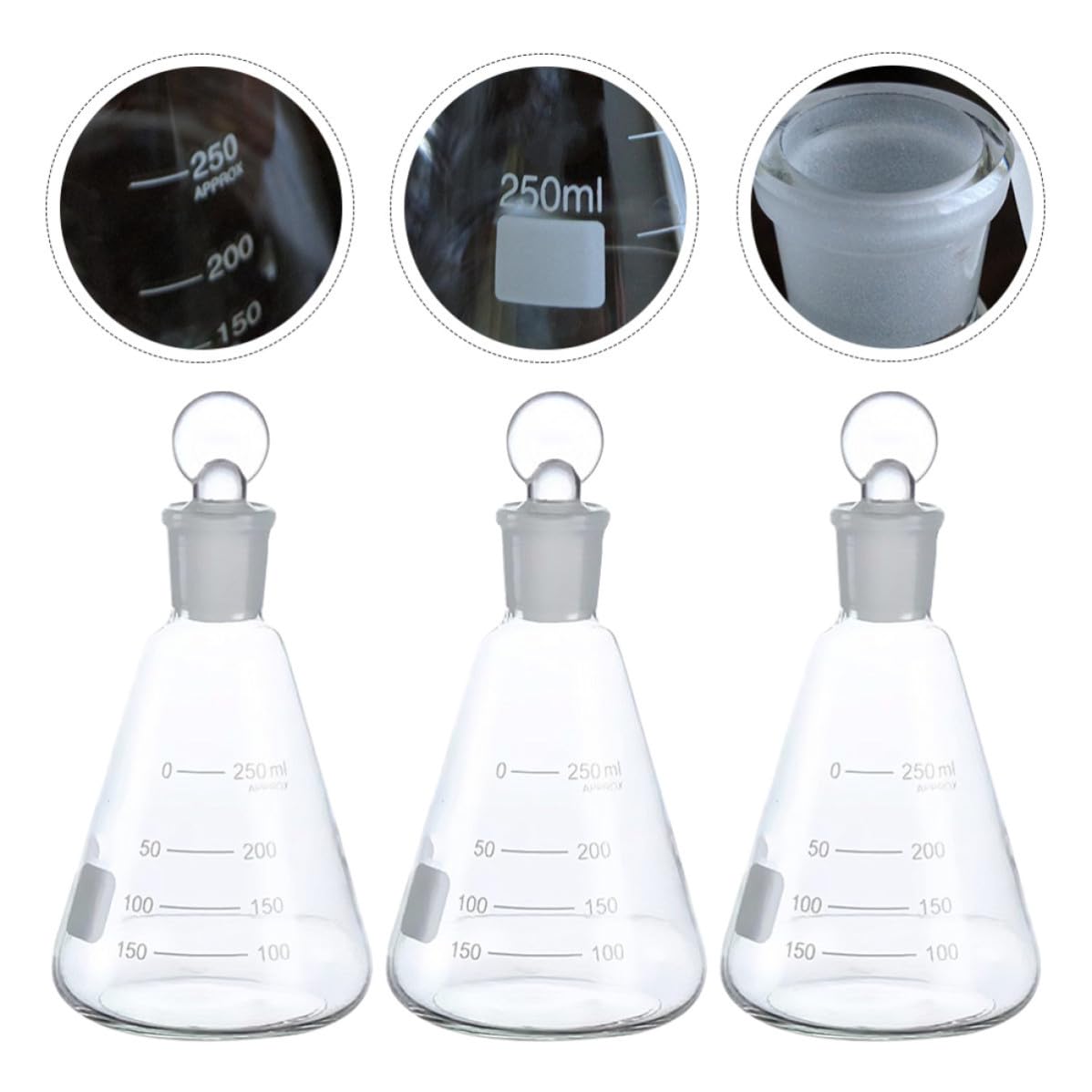 Set da 3 Pezzi Beuta Conica con Tappo in Vetro da 250ml per Esperimenti Scolastici, con Scala Graduata Chiara e Design Spesso Adatto a Studenti