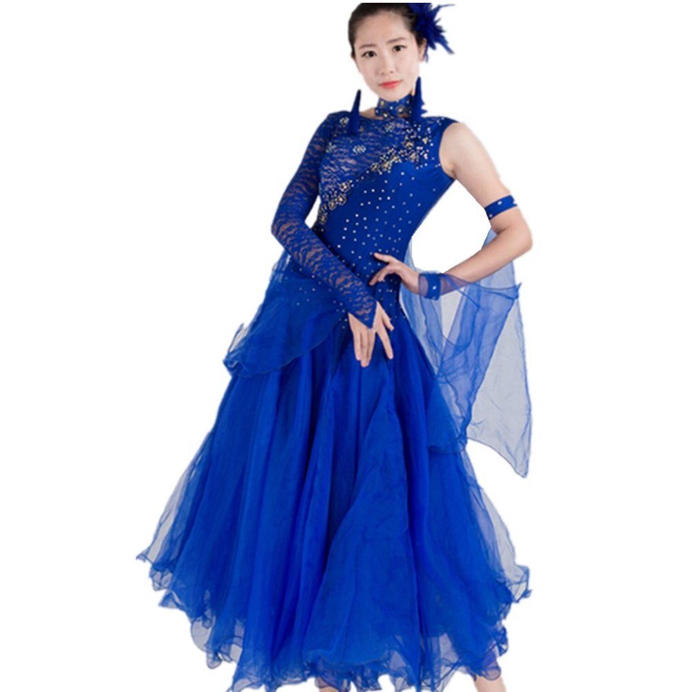 YC WELL Women Modern Waltz Tango Smooth Ballroom Dance Dress Standard Ballroom Dress(Blue,2XL)