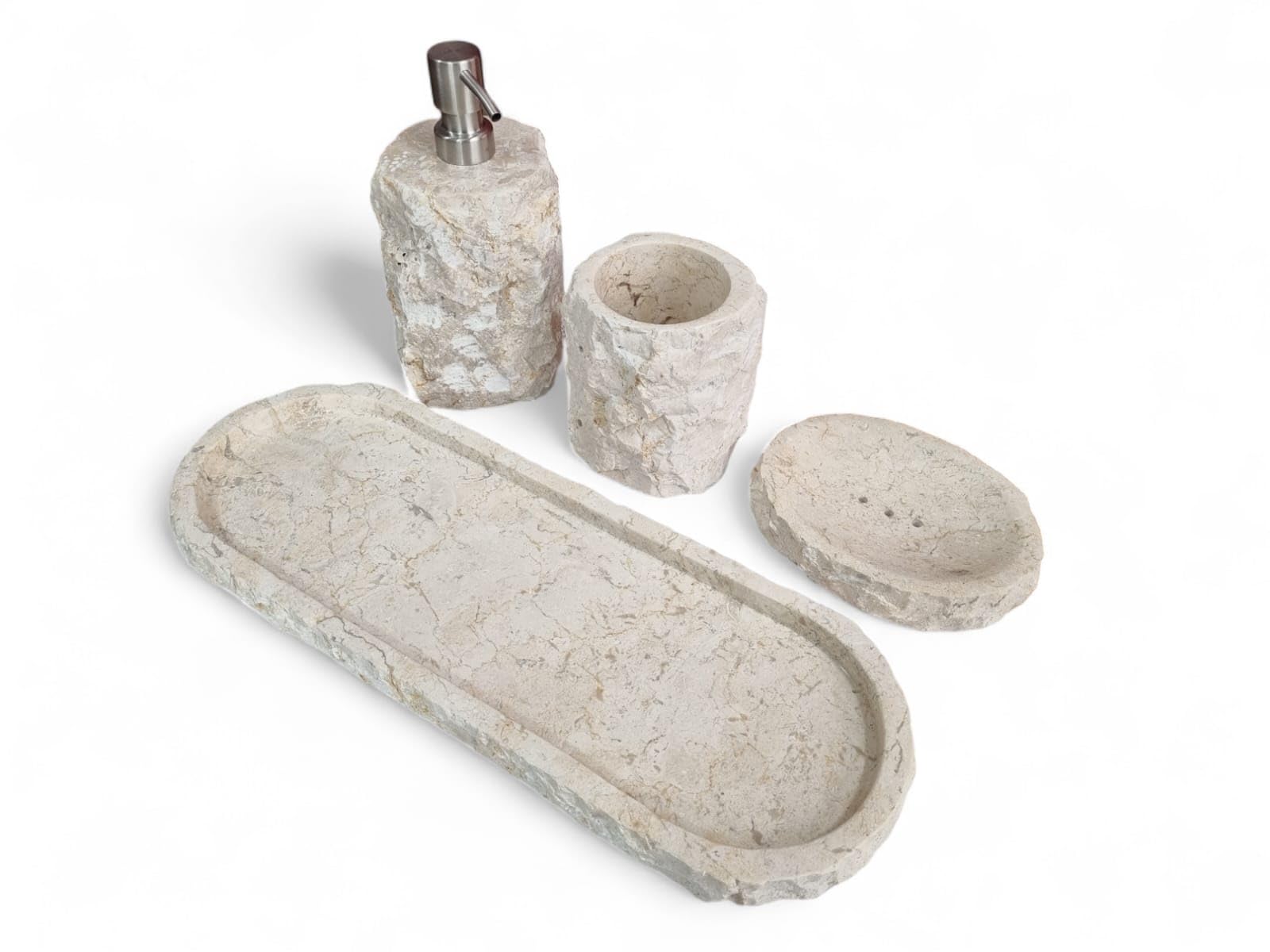 Juego de baño de mármol: vaso para cepillos de dientes, dispensador de jabón, jabonera, bandeja para su oasis de bienestar en piedra natural beige