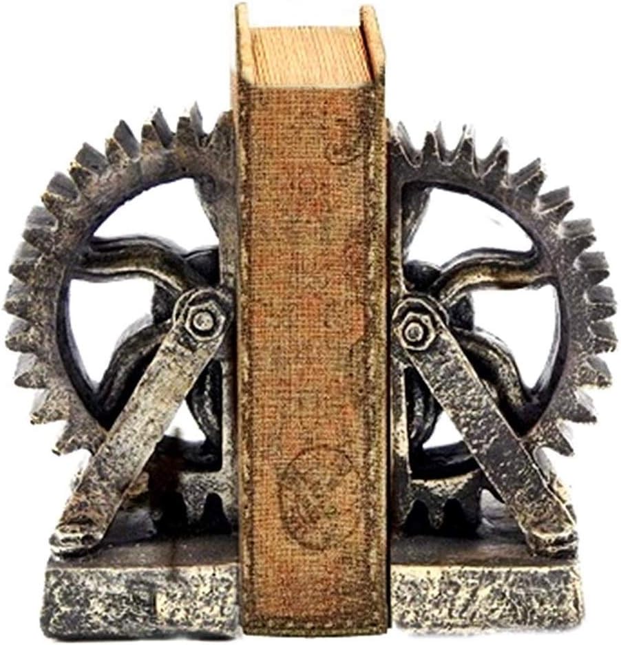 Bellaa 25662 Decorative Bookend Gear Book Ends Industrial Science Rustic Vintage Unique Heavy Steampunk Statues Bookshelves Stopper Support Home Decor Accents