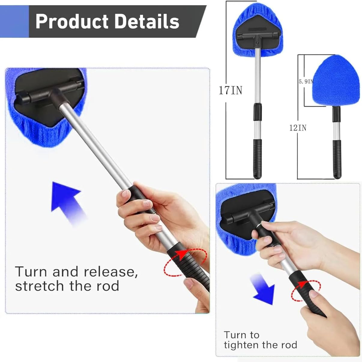 Car Windscreen Cleaner Tool, Telescopic Handle Car Cleaning Kit with 4 Reusable Microfiber Pads, Auto Windshield Cleaner for Interior Exterior Glass - 2