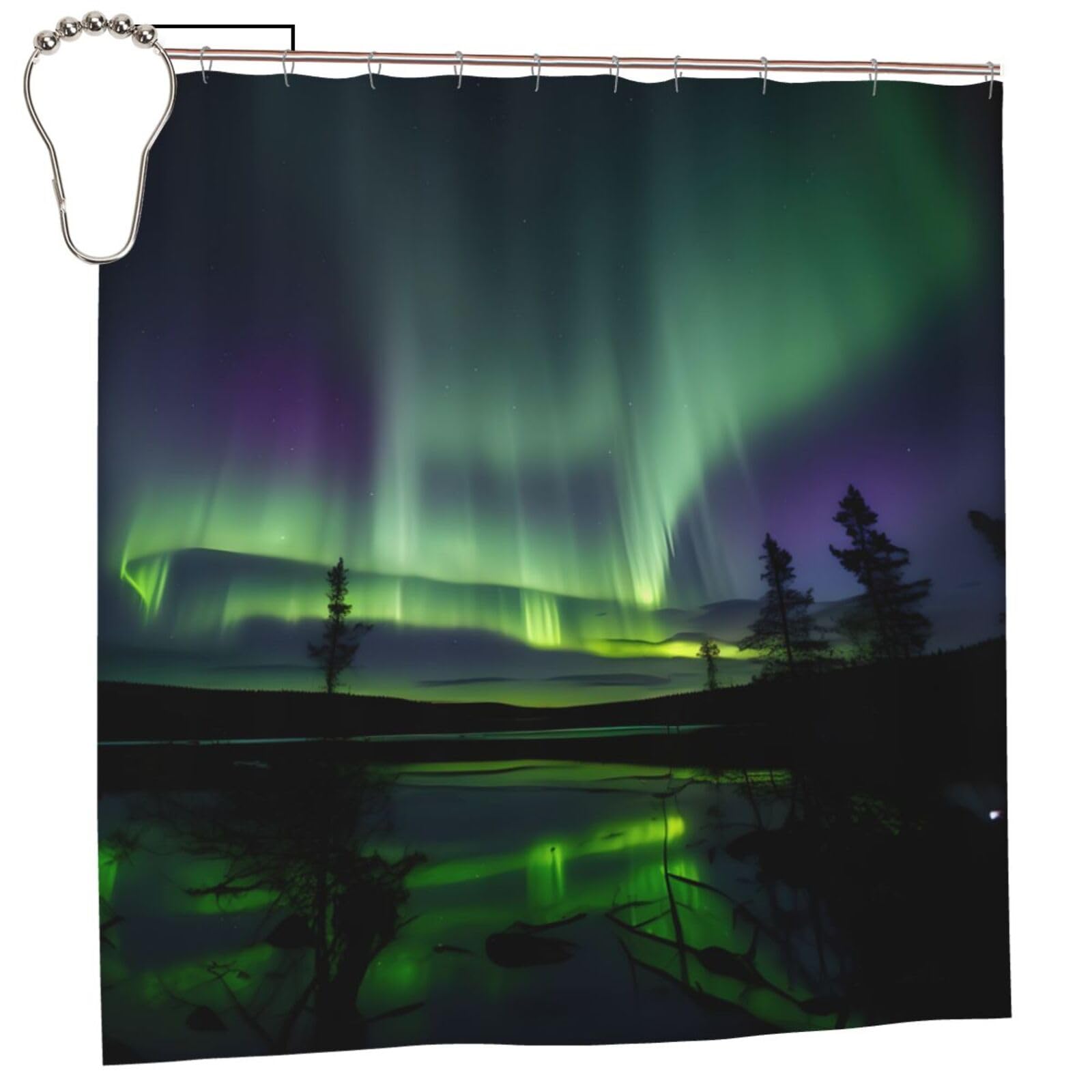 Rideau de douche en polyester haut de gamme motif aurores boréales avec œillets inox