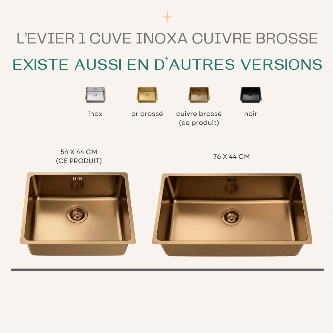 Essebagno Inoxa - Fregadero de 1 cubeta (54 x 44 cm, acero inoxidable, cobre cepillado)
