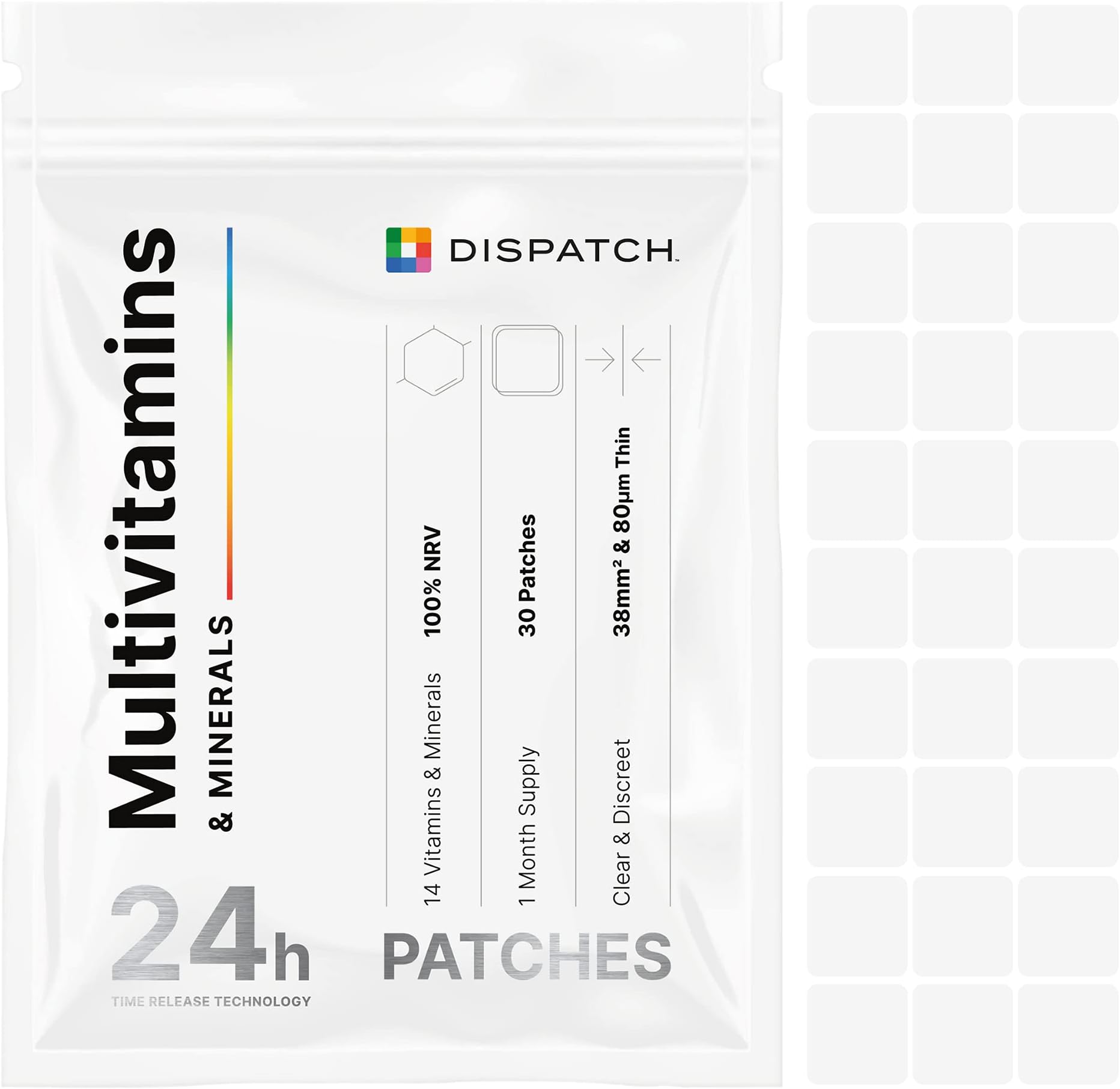 Vitamin Patches with Minerals - 30 x All Natural Vegan Multivitamin Patch Health Supplement with Vitamins A, B, D3, Iron, Iodine & More - Gluten Free