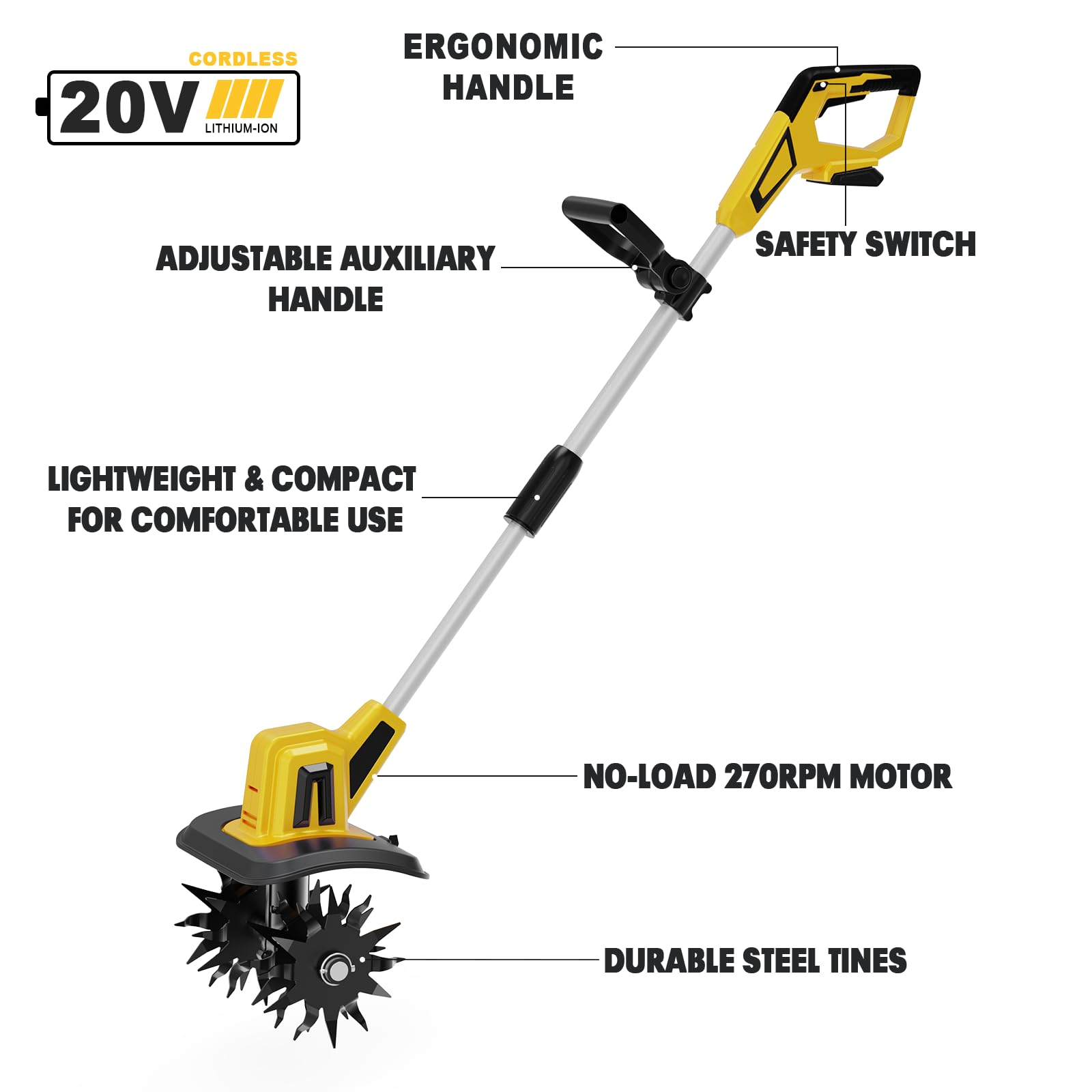 Cultivador de jardín inalámbrico compatible con batería Dewalt de 20 V máximo, solo herramienta, 48 dientes de acero, 8.7 pulgadas de ancho, 16 cm de profundidad, pequeño rotocultor eléctrico portátil