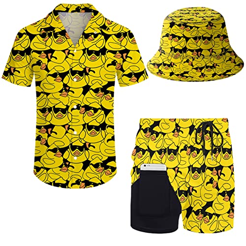 Wdpsuxin Mens Sunglasses Rubber Duck 2 Piece Short Set Hawaiian Button Down Shirt And Compression Liner 2 In 1 Shorts Sets With Bucket Hats X-Large