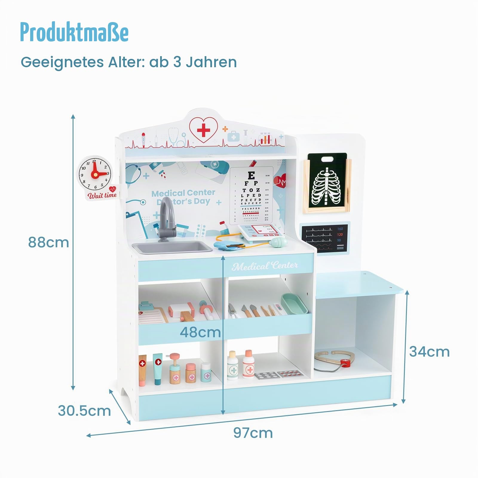 HOMASIS Arzt-Set aus Holz, Arzt-Set für Kinder mit Waschbecken, Sichtprüfung, Elektrokardiogramm, Uhr und Röntgenaufnahme, Krankenschwester-Spiel für Kinder ab 3 Jahren (Blau)