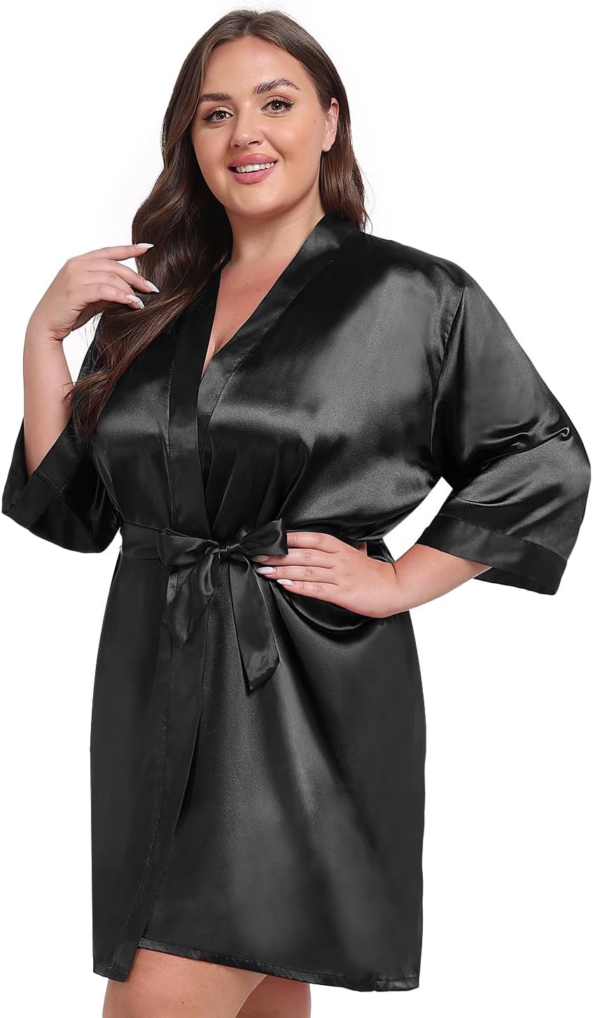 Women Plus Size Robe Knee Length Satin Kimono Bathrobe Floral Kimonos Sleepwear Dressing Gown - Image 3