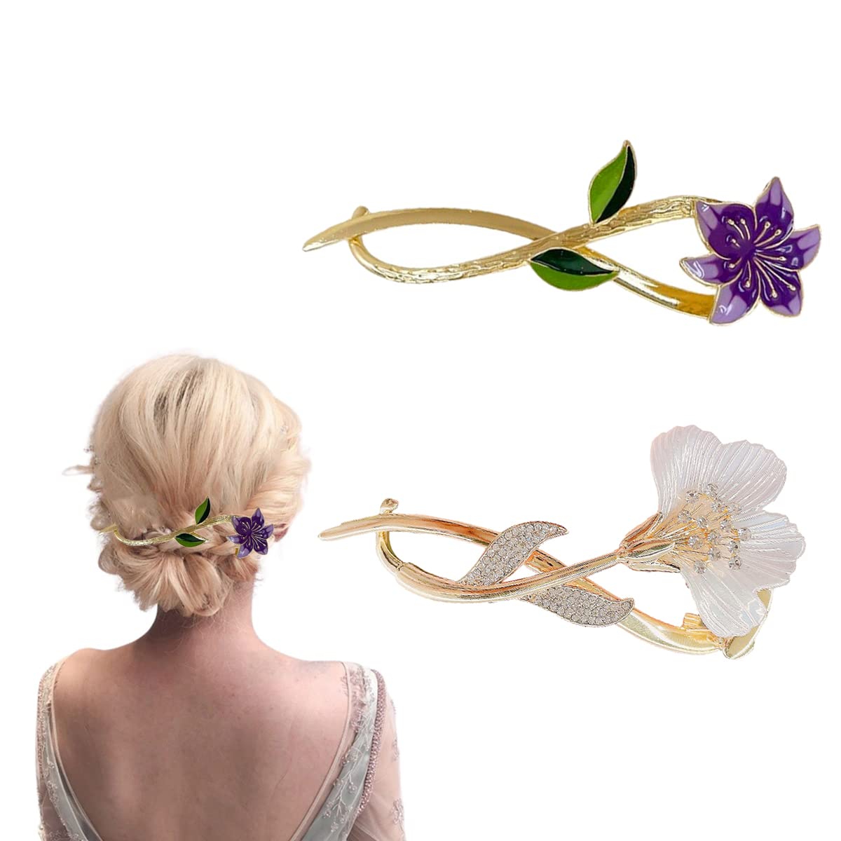 bacchette per capelli, Clip N twist francese, fermaglio for capelli, forcine for fissare lo chignon, bastoncini for capelli con fiori, accessori for forcine for donne e ragazze(Style 2)