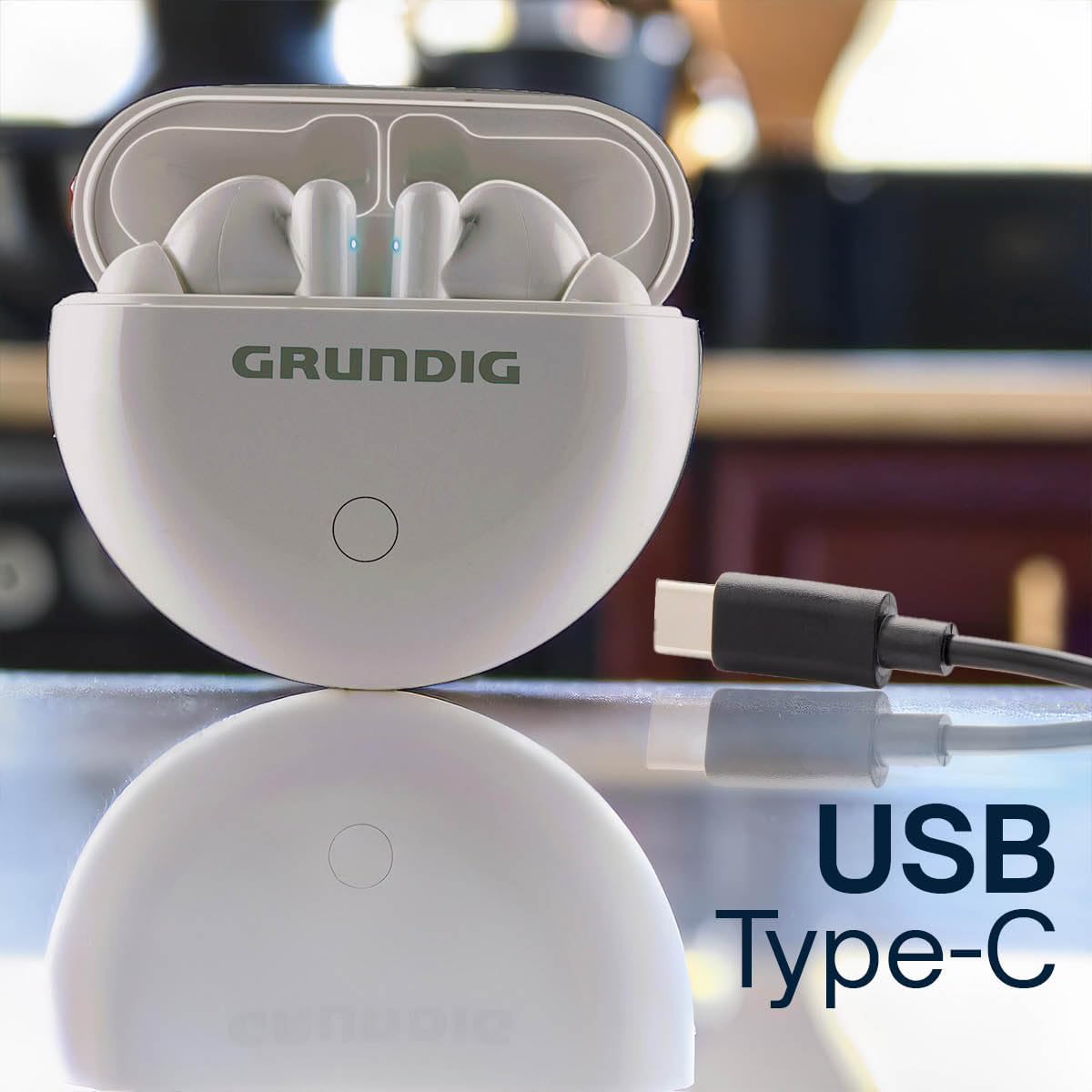 Grundig charging case with USB Type-C cable connected