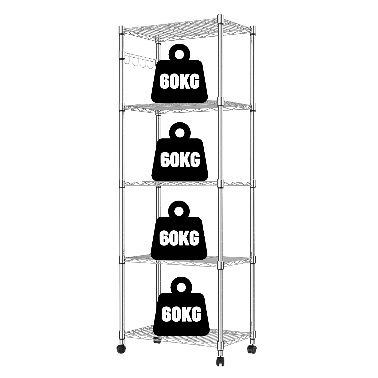 Himimi Estante de Cocina Carro de Cocina Estante de Metal Estante rodante de Acero Cromado 5 estantes con Ruedas L59 x W35 x H183cm, Plata